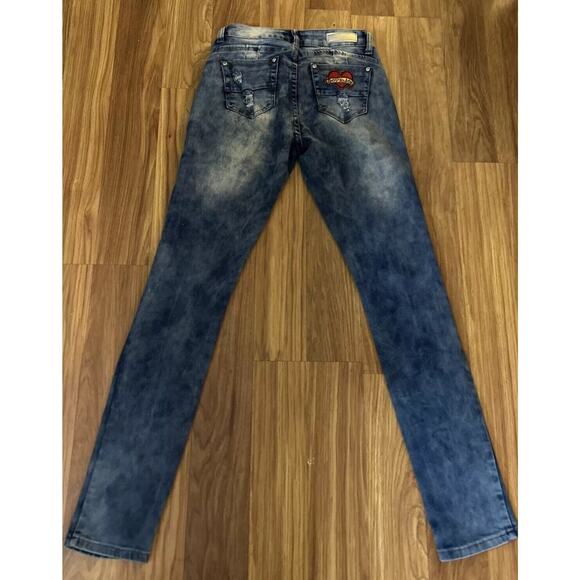Rebel Love Skinny Applique Patches Jeans 5/6 Blue Distressed Rock Crest Heart - Picture 5 of 9